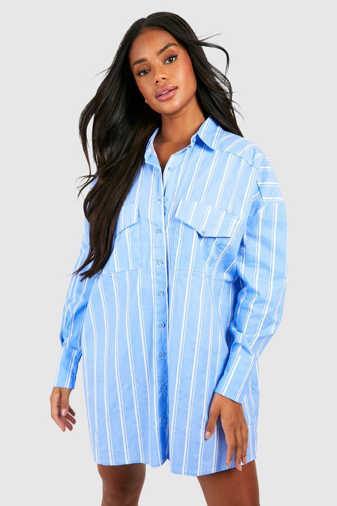 Womens Blue Stripe Oversized Shirt Dress - 8, Blue