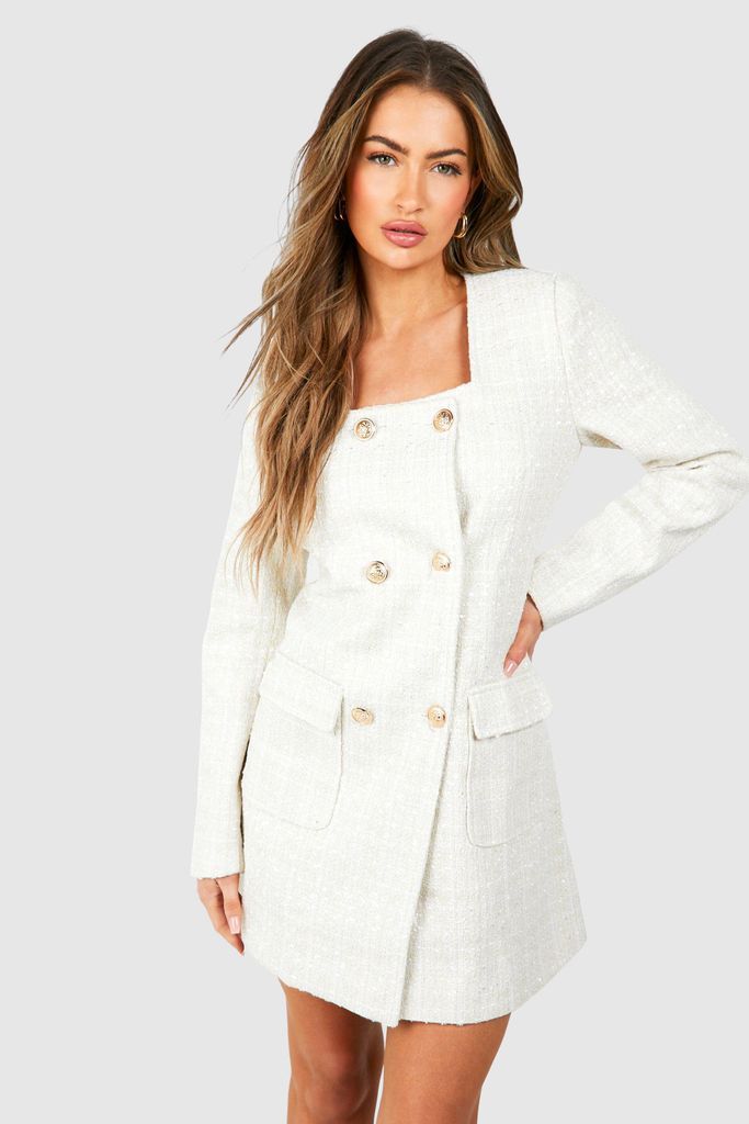 Womens Boucle Button Detail Blazer Dress - White - 8, White