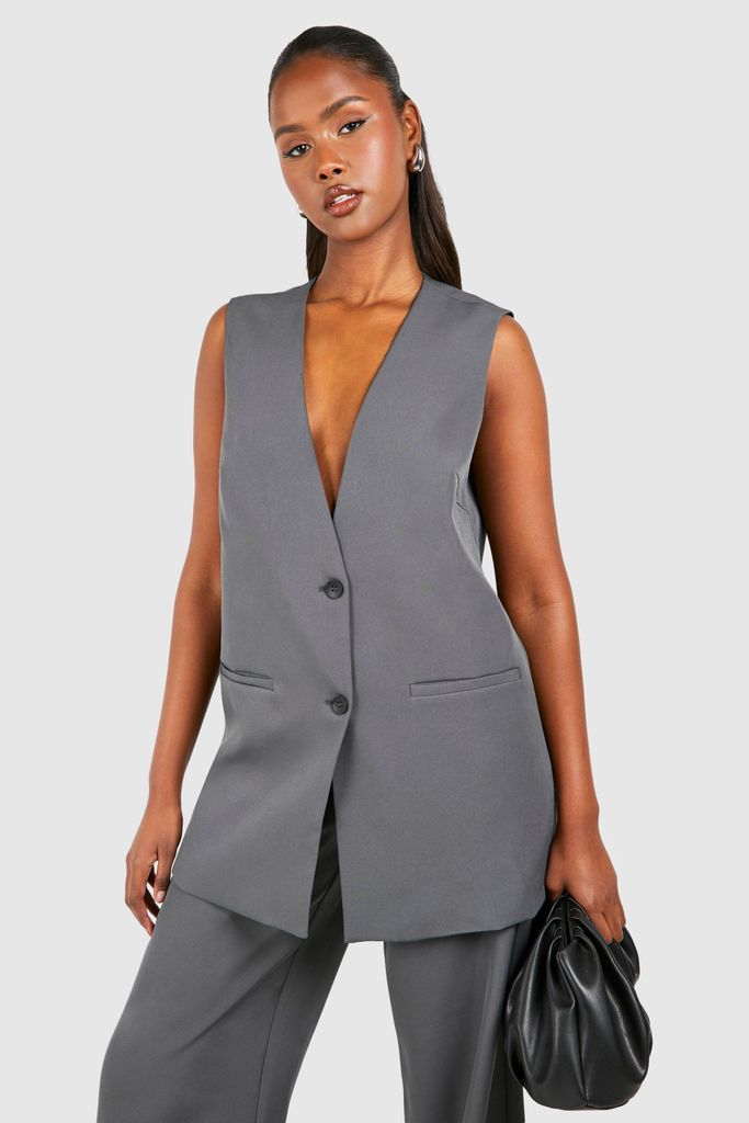 Womens Contrast Button Longline Waistcoat - Grey - 6, Grey