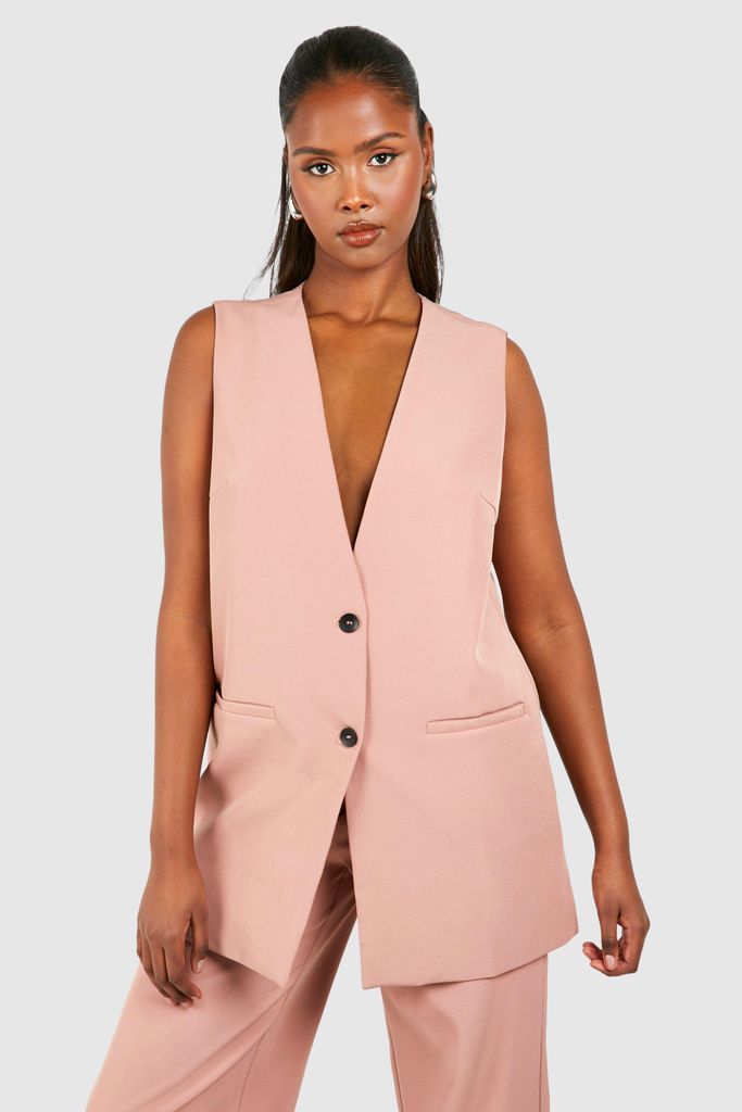 Womens Contrast Button Longline Waistcoat - Pink - 6, Pink