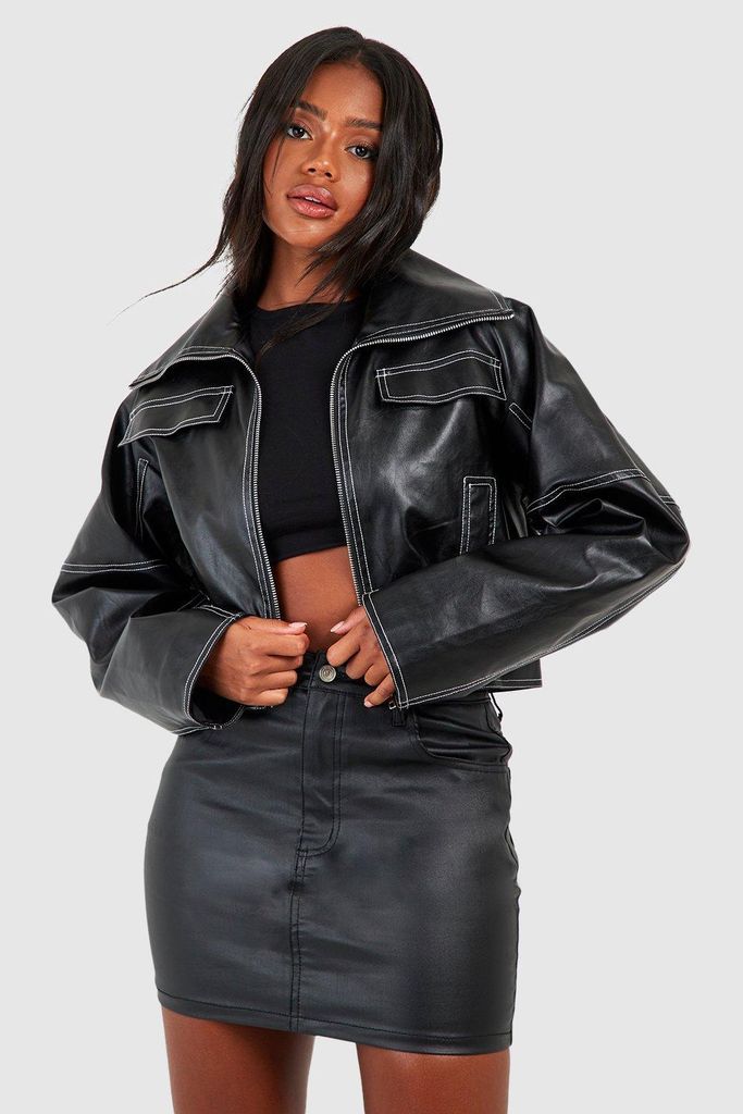 Womens Contrast Detail Faux Leather Jacket - Black - 8, Black