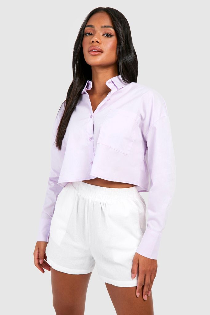 Womens Cotton Poplin Boxy Cropped Shirt - Purple - 6, Purple
