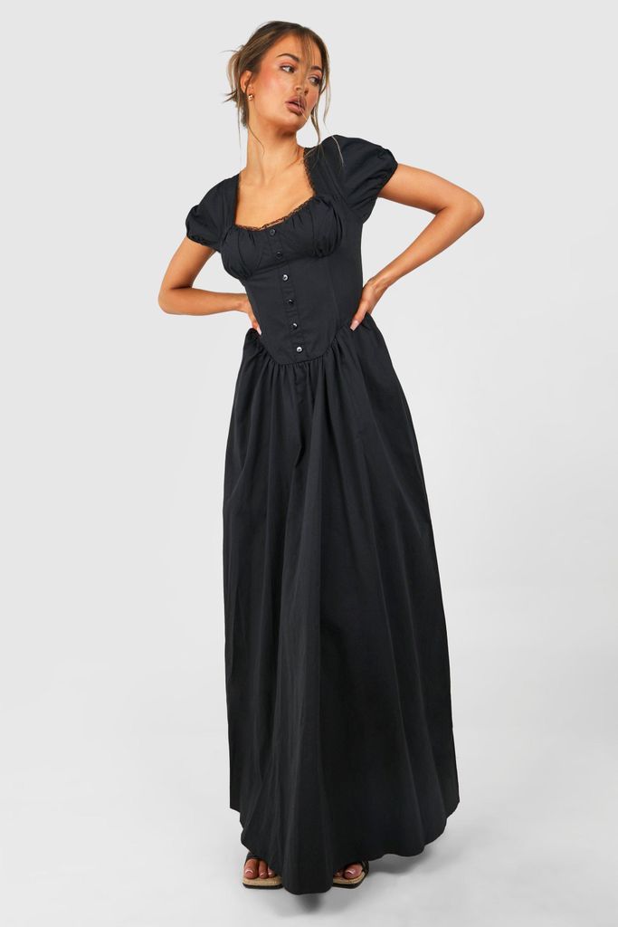 Womens Cotton Puff Sleeve Maxi Milkmaid Dress - Black - 8, Black