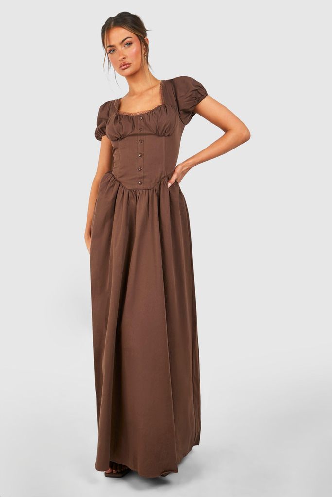 Womens Cotton Puff Sleeve Maxi Milkmaid Dress - Brown - 8, Brown