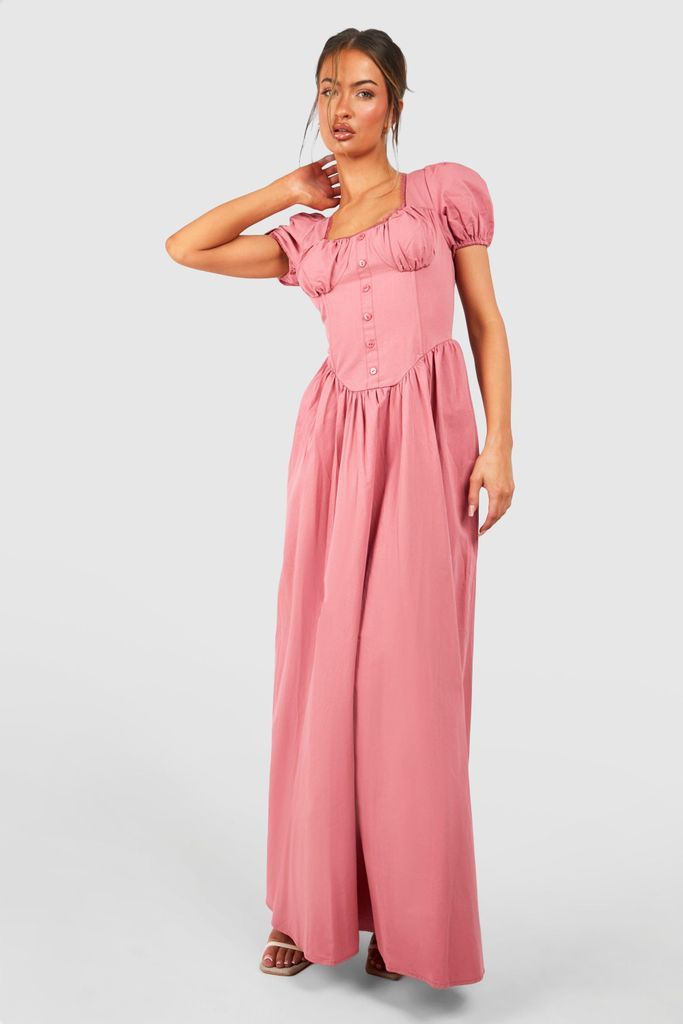 Womens Cotton Puff Sleeve Maxi Milkmaid Dress - Pink - 8, Pink