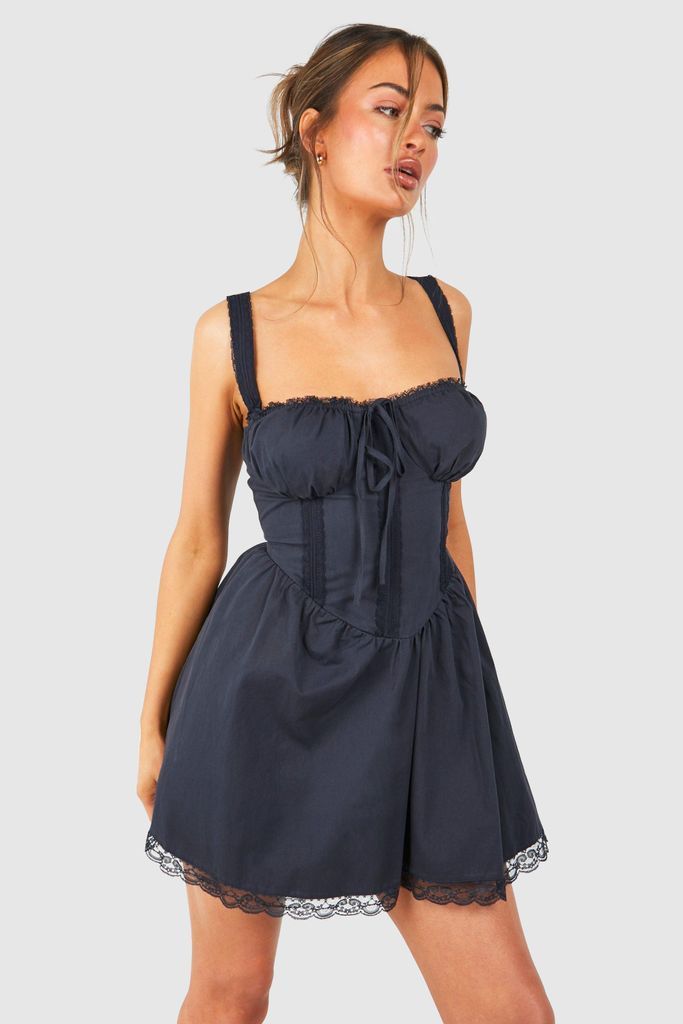 Womens Cotton Strappy Milkmaid Mini Dress - Navy - 8, Navy