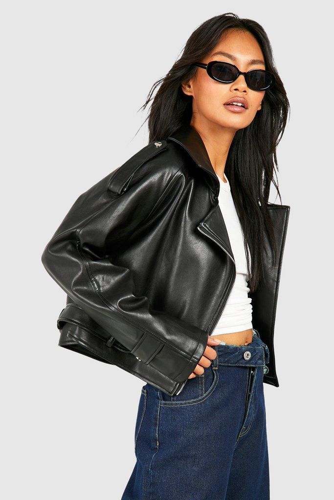 Womens Crop Faux Leather Biker Jacket - Black - 8, Black