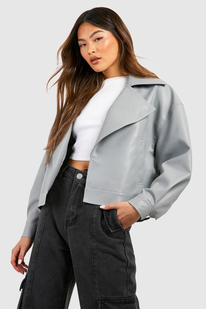 Womens Faux Leather Short Jacket - Grey - 8, Grey
