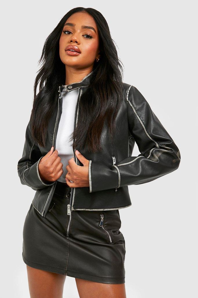 Womens Fitted Moto Vintage Look Faux Leather Jacket - Black - 8, Black