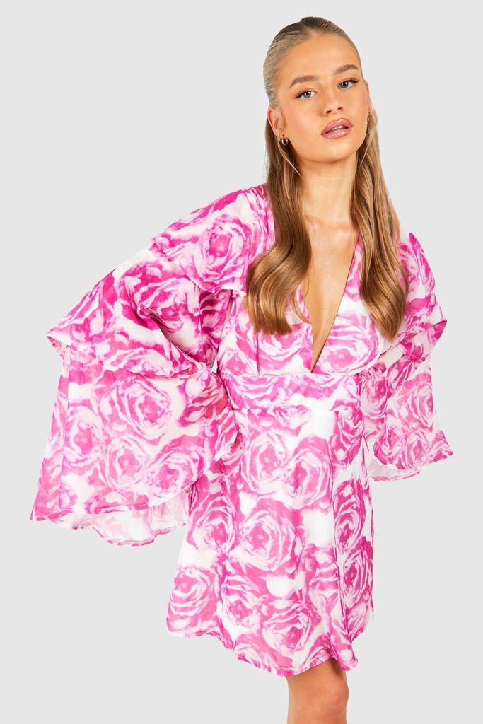 Womens Floral Chiffon Layered Frill Sleeve Skater Dress - Pink - 8, Pink