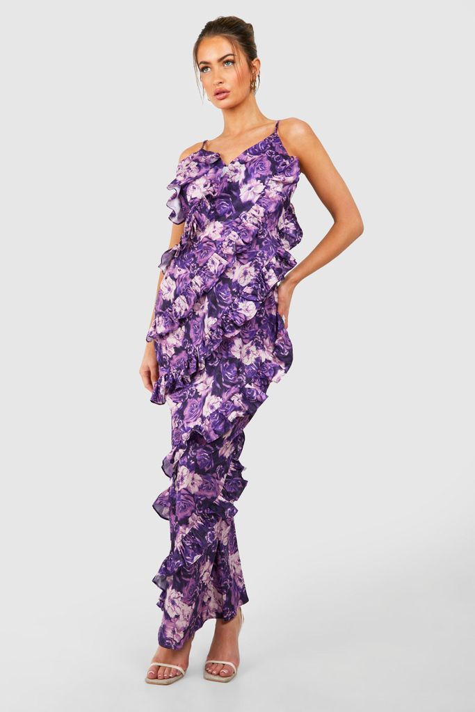 Womens Floral Print Ruffle Detail Maxi Dress - Purple - 8, Purple