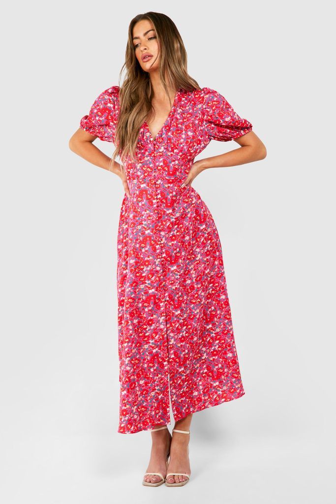 Womens Floral Puff Sleeve Button Through Midi Dress - Pink - 8, Pink