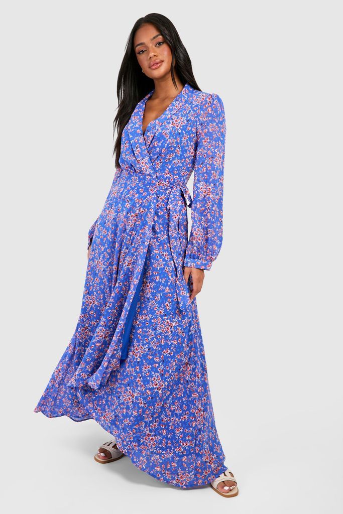 Womens Floral Wrap Belted Maxi Dress - Blue - 8, Blue
