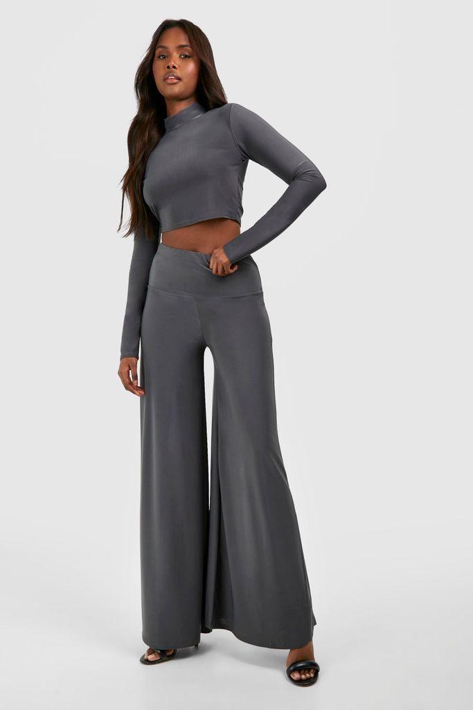 Womens High Neck Top & Extreme Wide Leg Flared Trouser Set - Grey - 6, Grey