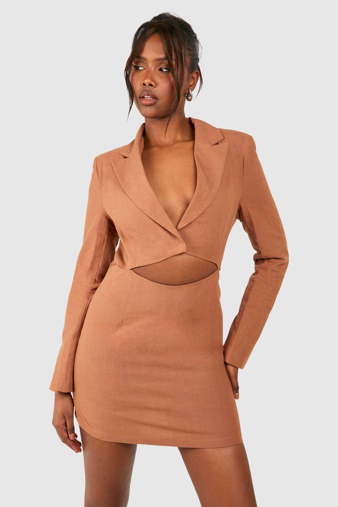 Womens Linen Cut Out Blazer Dress - Brown - 8, Brown