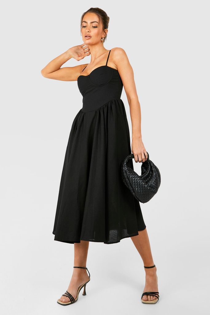 Womens Linen Milkmaid Midi Dress - Black - 8, Black