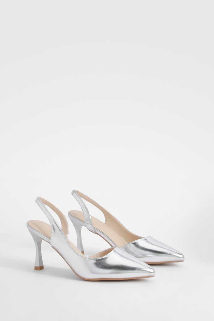 Womens Metallic Asymmetric Slingback Court Heels - Grey - 3, Grey