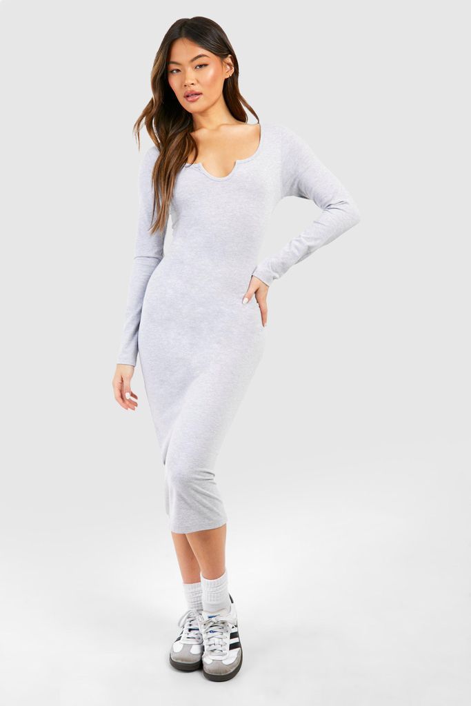 Womens Notch Neck Long Sleeve Jersey Midi Dress - Grey - 8, Grey