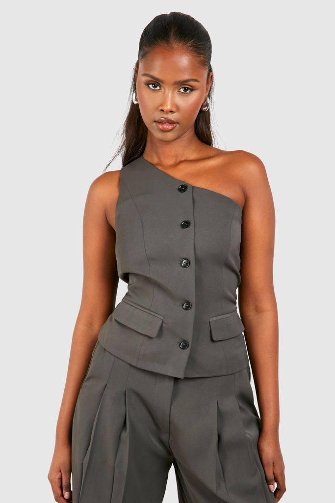 Womens One Shoulder Contrast Button Waistcoat - Grey - 6, Grey