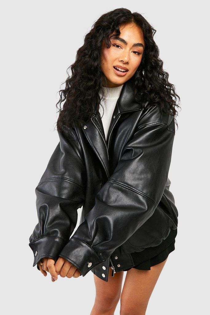 Womens Oversized Collar Faux Leather Jacket - Black - 8, Black