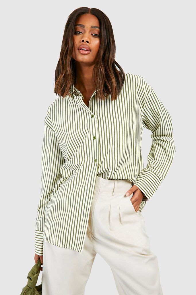 Womens Oversized Striped Pocket Detail Shirt - Green - 6, Green