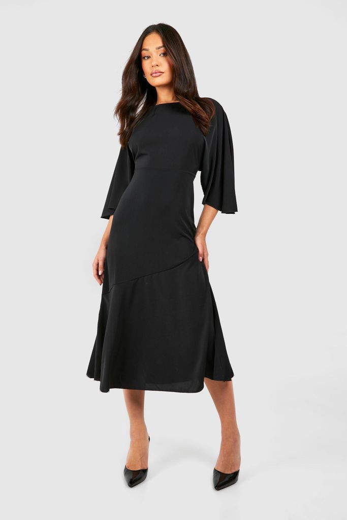 Womens Petite Asymmetric Angel Sleeve Satin Maxi Dress - Black - 6, Black