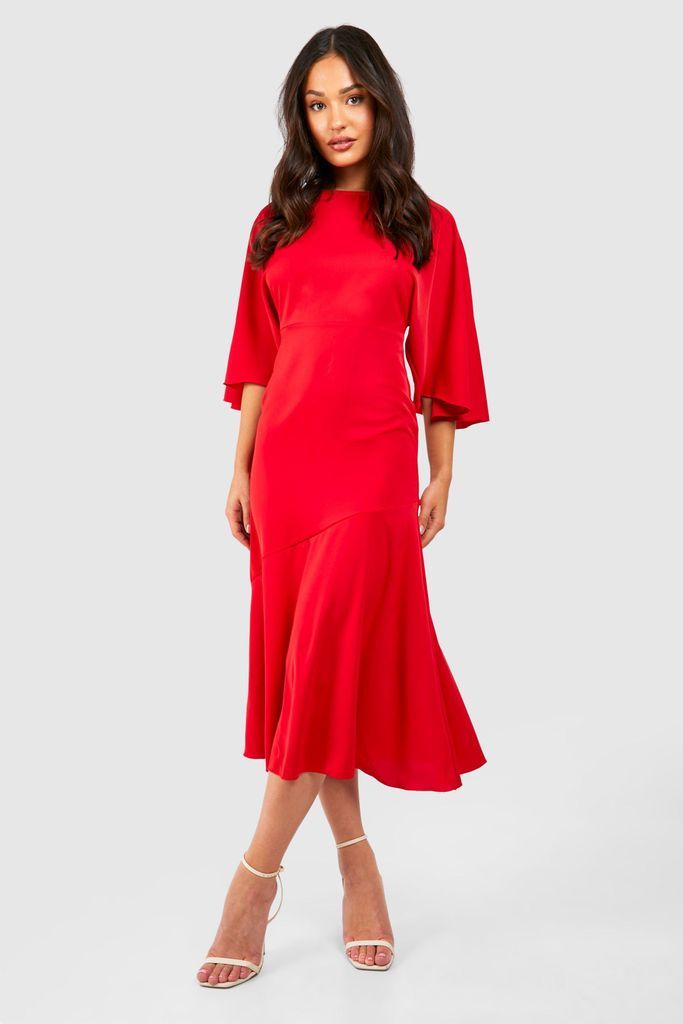 Womens Petite Asymmetric Angel Sleeve Satin Maxi Dress - Red - 6, Red