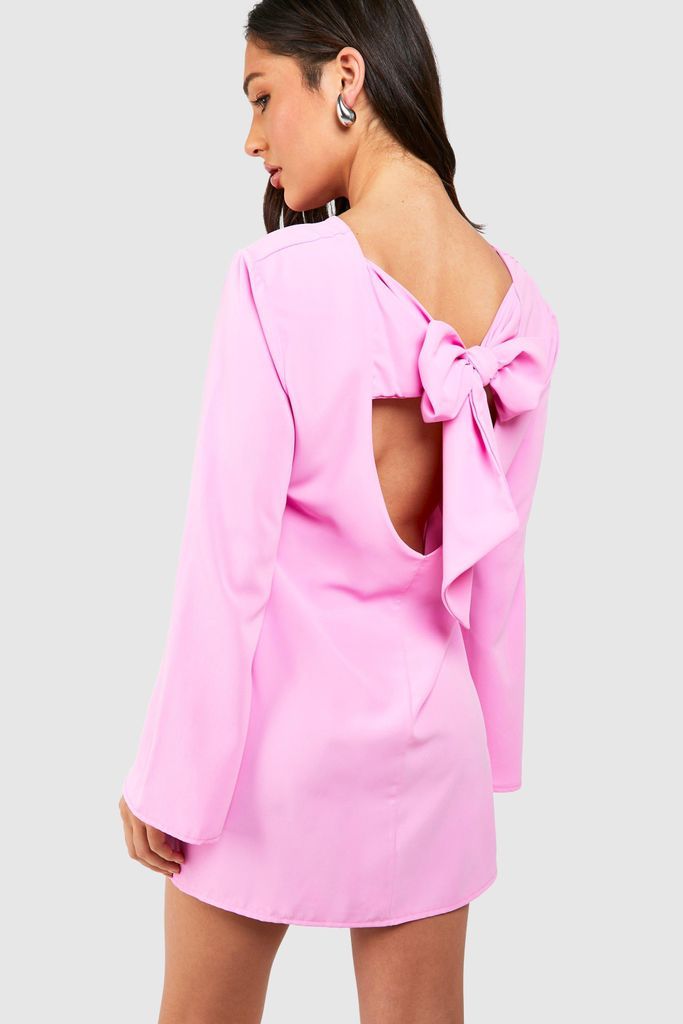 Womens Petite Bow Detail Open Back Mini Dress - Pink - 6, Pink