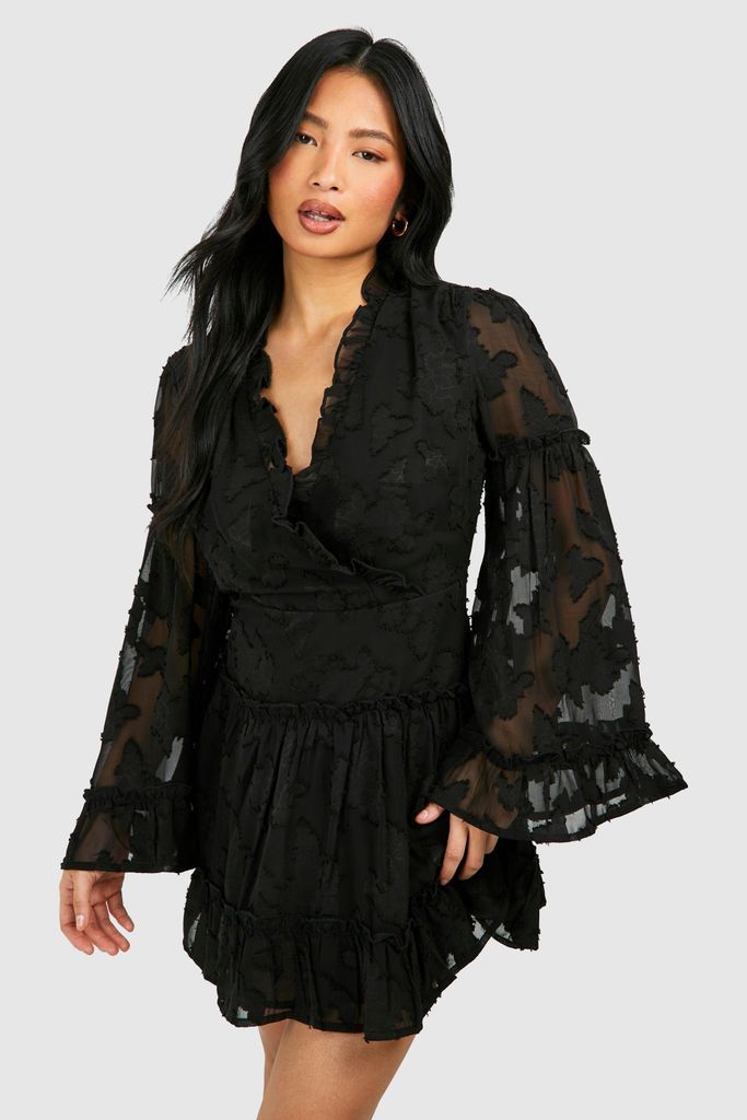 Womens Petite Burnout Frill Mini Dress - Black - 6, Black