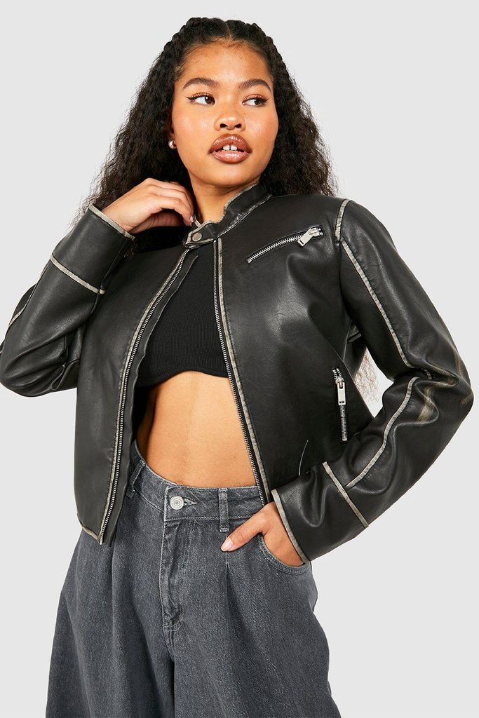 Womens Petite Fitted Moto Vintage Look Faux Leather Jacket - Black - 6, Black