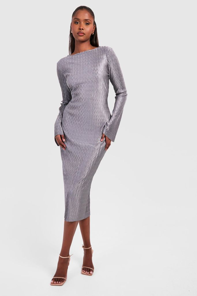Womens Plisse Flare Sleeve Midaxi Dress - Grey - 8, Grey