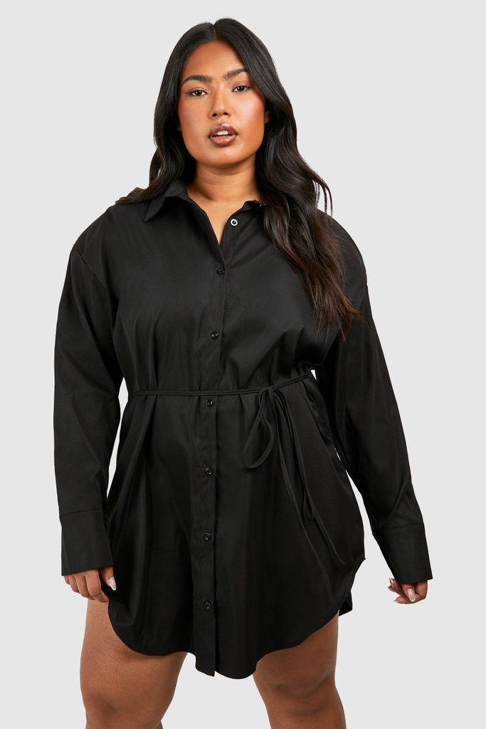 Womens Plus Cinched Waist Shoulder Pad Shirt Dress - Black - 16, Black