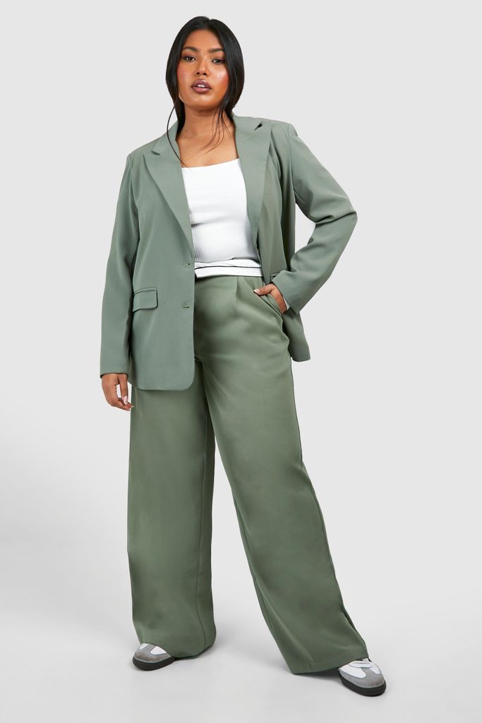 Womens Plus Contrast Waistband Wide Leg Tailored Trousers - Green - 16, Green