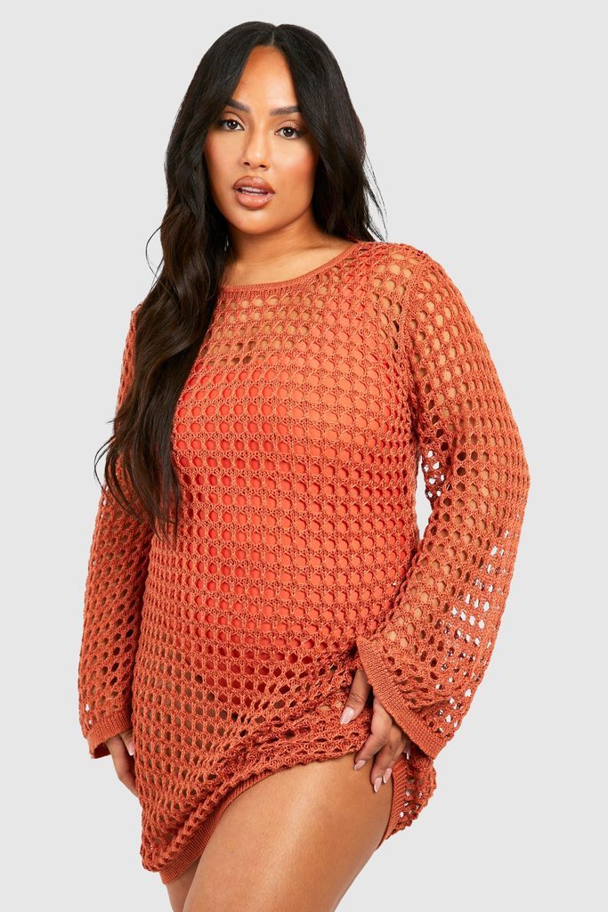 Womens Plus Crochet Open Back Beach Mini Dress - Orange - 16, Orange