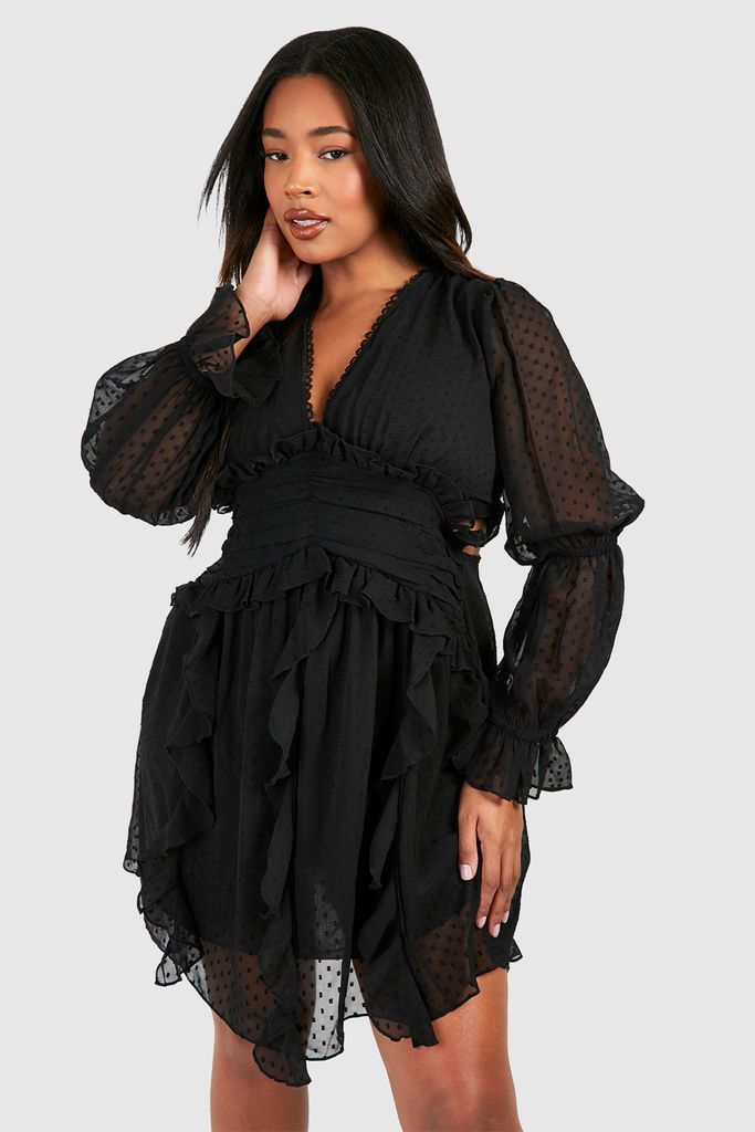Womens Plus Dobby Mesh Long Sleeve Plunge Mini Dress - Black - 16, Black