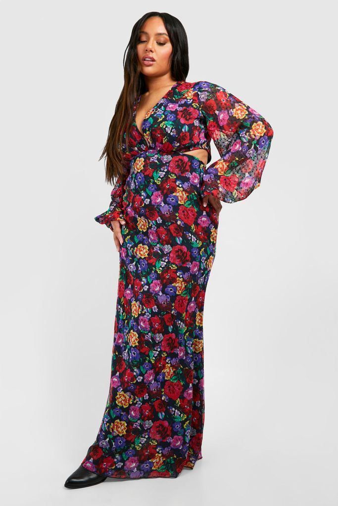 Womens Plus Floral Print Dobby Mesh Cut Out Maxi Dress - Multi - 16, Multi