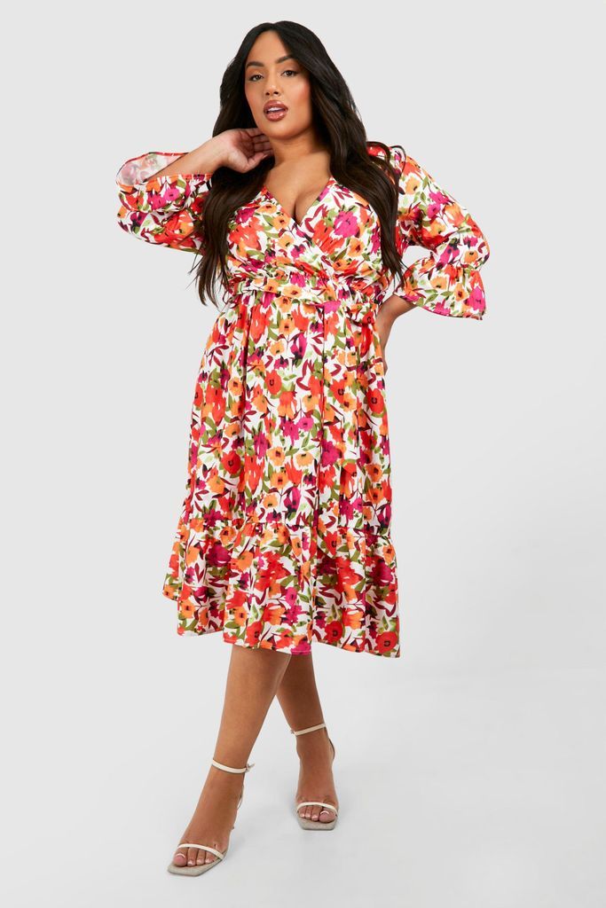 Womens Plus Floral Print Ruffle Hem Spotty Wrap Dress - Multi - 16, Multi