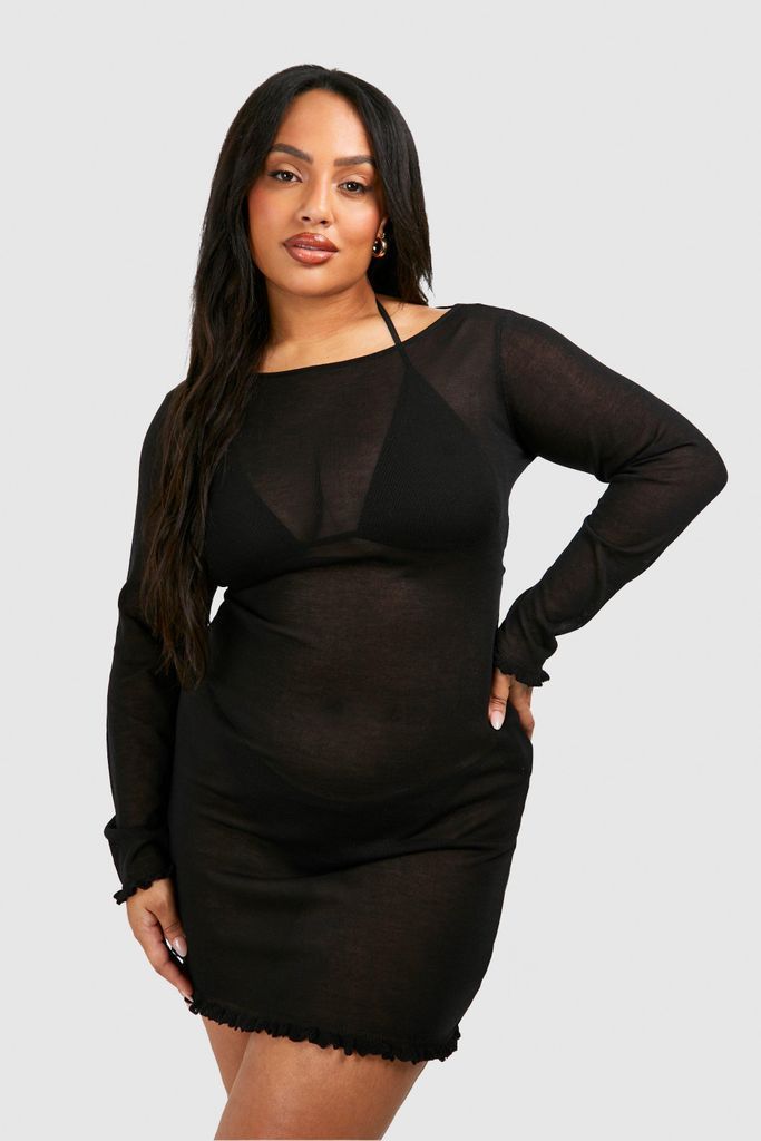 Womens Plus Lettuce Hem Sheer Knit Beach Dress - Black - 16, Black