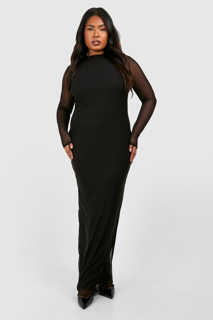 Womens Plus Mesh Low Back Maxi Dress - Black - 16, Black