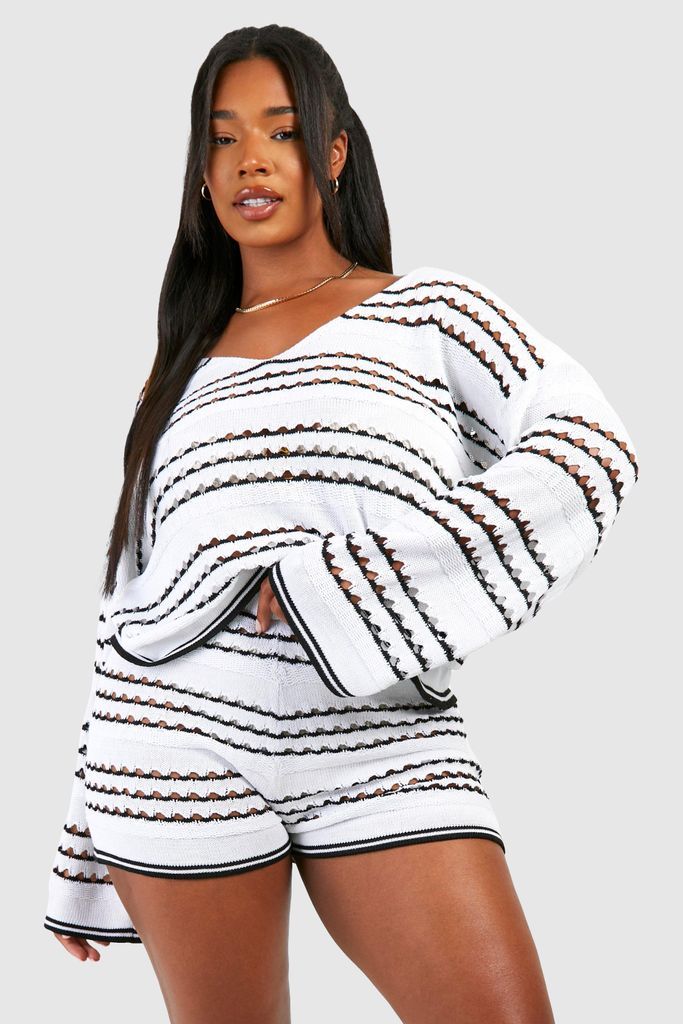 Womens Plus Mono Stripe Crotchet Beach Shorts - White - 16, White