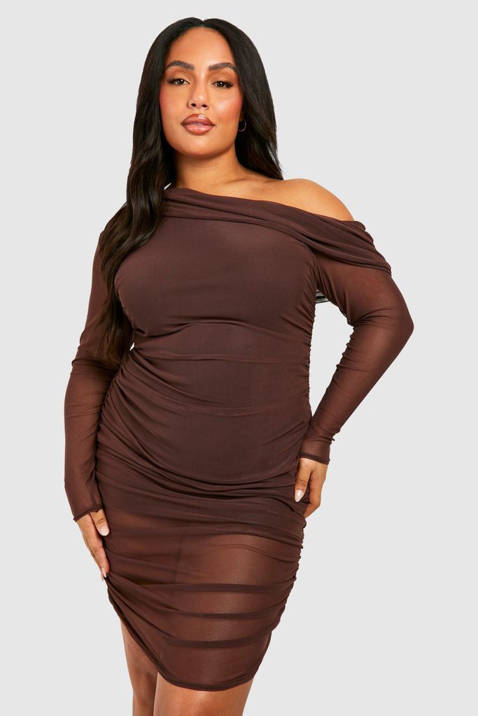 Womens Plus One Shoulder Ruched Mesh Long Sleeve Mini Dress - Brown - 16, Brown