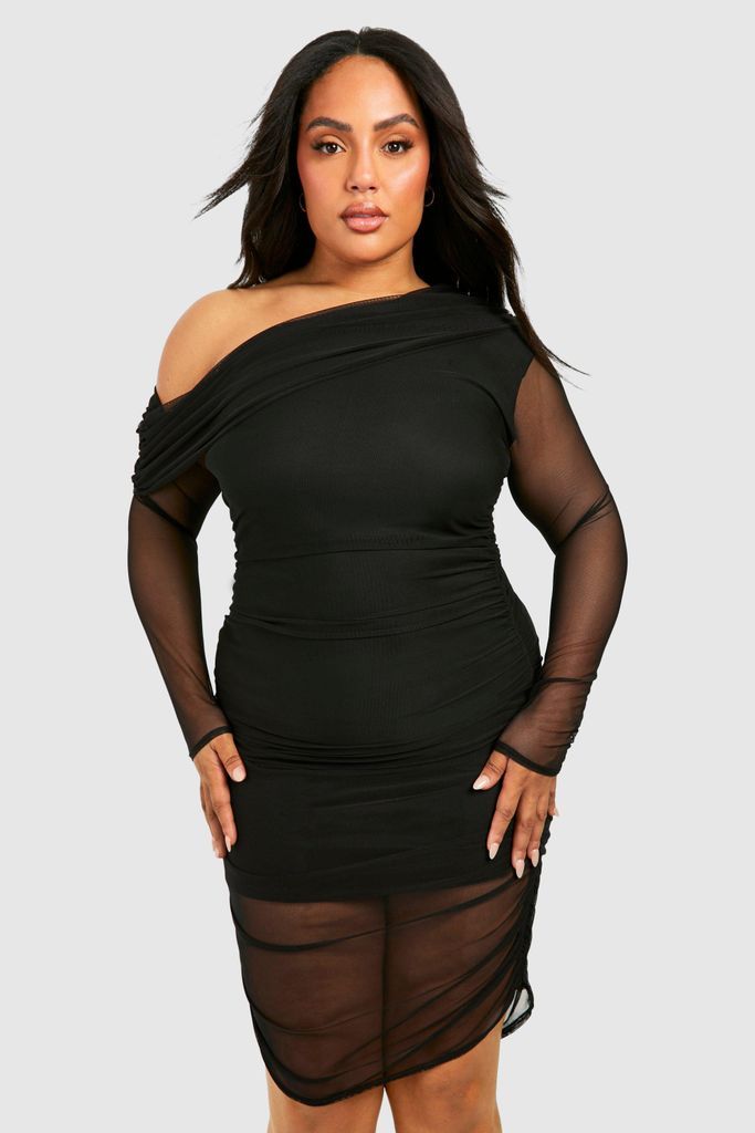 Womens Plus One Shoulder Ruched Mesh Long Sleeve Mini Dress - Black - 16, Black