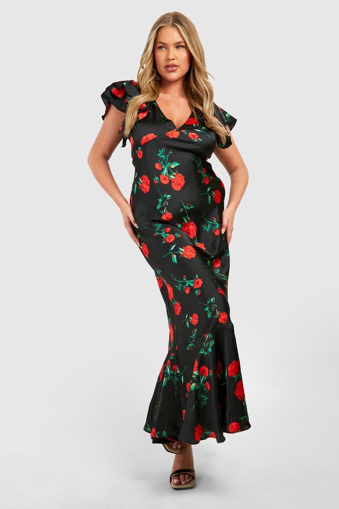Womens Plus Rose Print Frill Sleeve Maxi Dress - Black - 16, Black