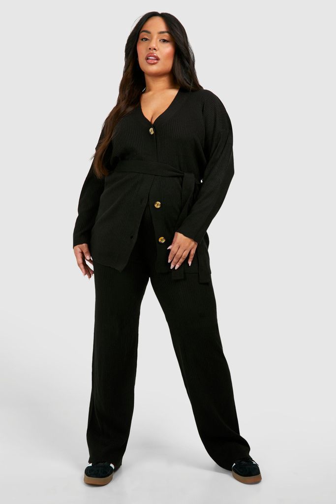 Womens Plus Slouchy Belted Cardigan And Wide Leg Knit Set - Black - 16, Black