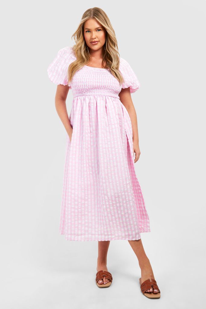 Womens Plus Textured Gingham Puff Sleeve Miidi Dress - Pink - 16, Pink