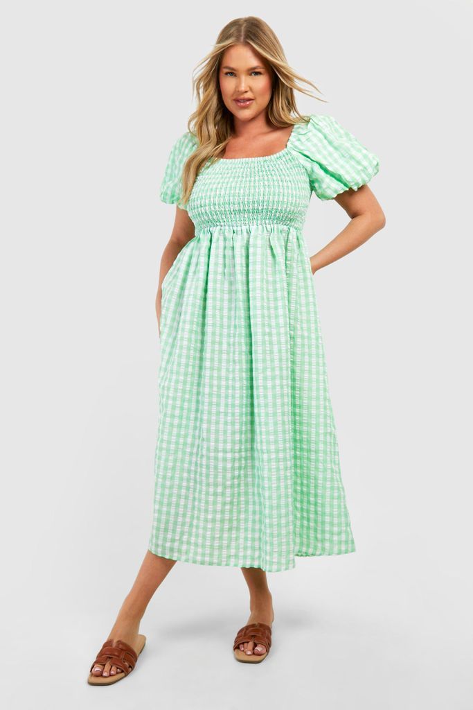 Womens Plus Textured Gingham Puff Sleeve Miidi Dress - Green - 16, Green