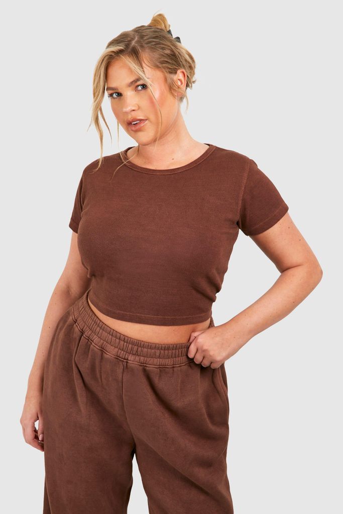 Womens Plus Washed Crew Neck Rib T-Shirt - Brown - 28, Brown