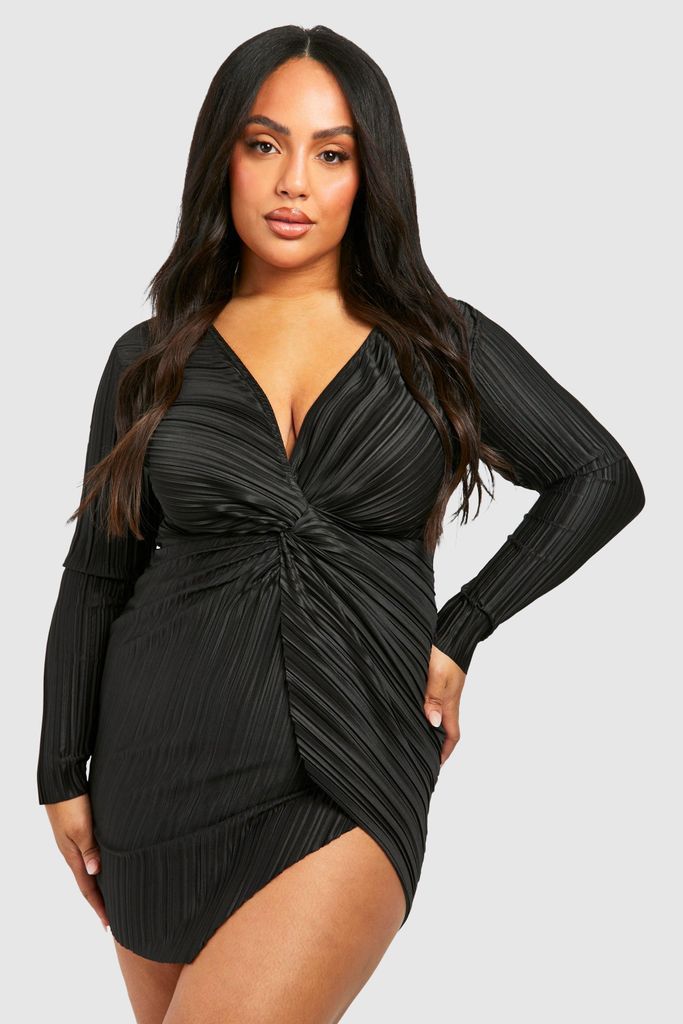Womens Plus Wide Plisse Twist Front Wrap Dress - Black - 16, Black