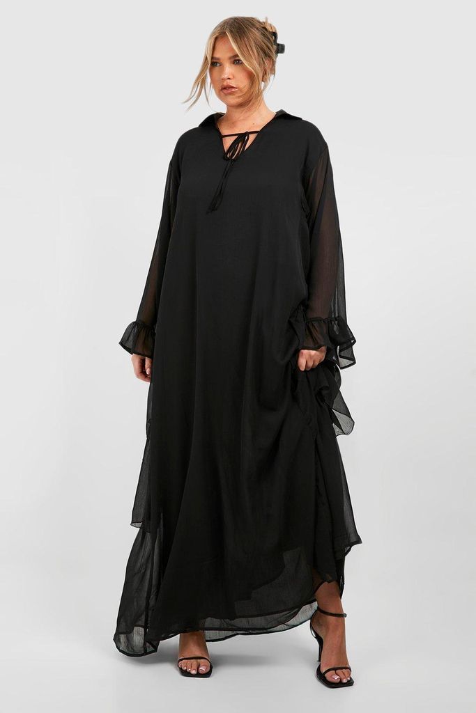 Womens Plus Woven Ruffle Tie Detail Maxi Dress - Black - 16, Black