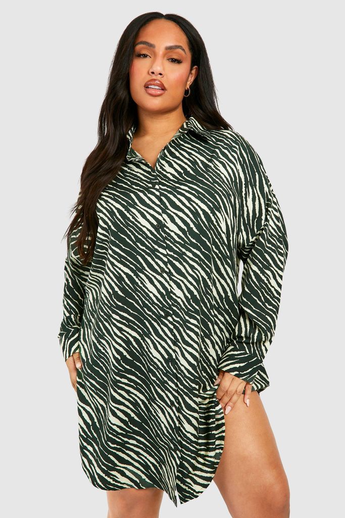 Womens Plus Zebra Printed Shirt Dress - Green - 16, Green